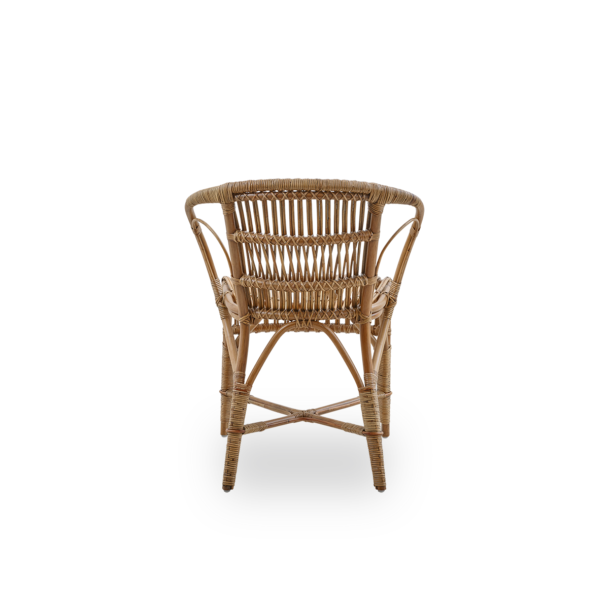 Rückansicht des Robert-Essstuhls in der Farbe Antikbraun, entworfen von Robert W. Eleganter Flechtstuhl, handgefertigt aus hochwertigem indonesischem Rattan.