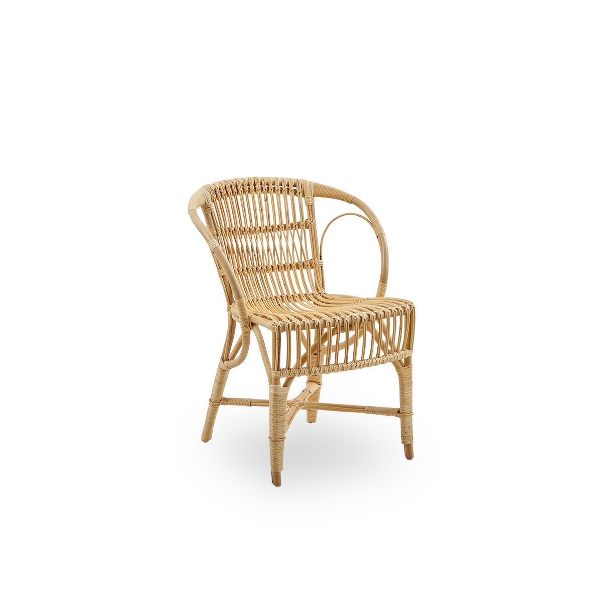 Seitenansicht des Robert Essstuhls in Naturfarbe, entworfen von Robert W. Eleganter Korbstuhl, handgefertigt aus hochwertigem indonesischem Rattan.