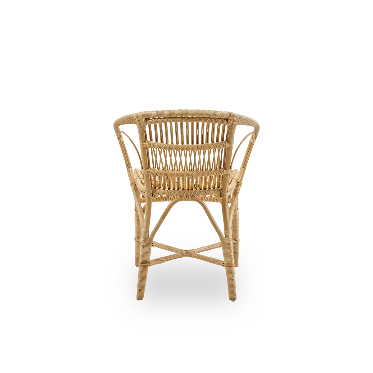Rückansicht des Robert-Essstuhls in Naturfarbe, entworfen von Robert W. Eleganter Flechtstuhl, handgefertigt aus hochwertigem indonesischem Rattan.