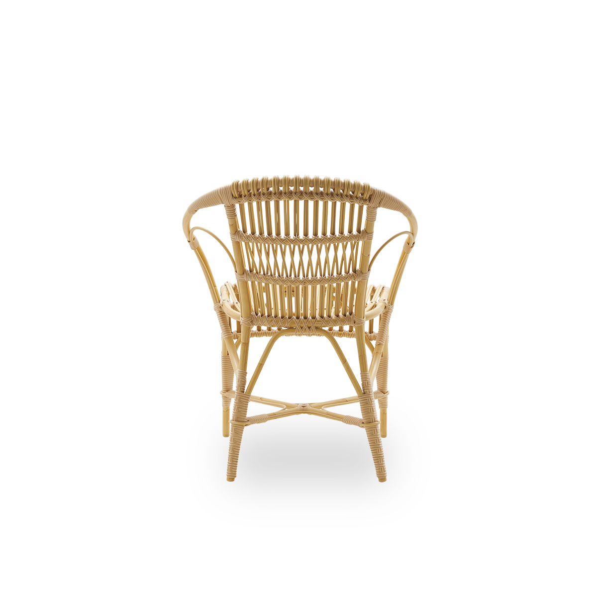 Rückansicht des Robert Exterior-Loungesessels, entworfen von Robert W. Aluminiumrahmen in Rattanoptik mit ArtFibre-Geflecht und detailliert gewebtem Sitz und Rückenlehne.